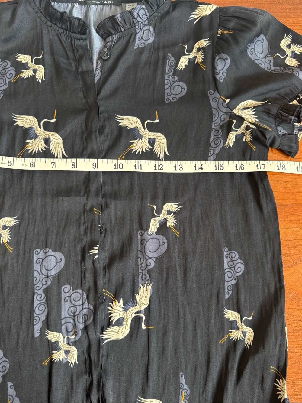 T Tahari Navy Crane Print Button Blouse with Ruffle Sleeves | Size XS - Picture 6 of 8